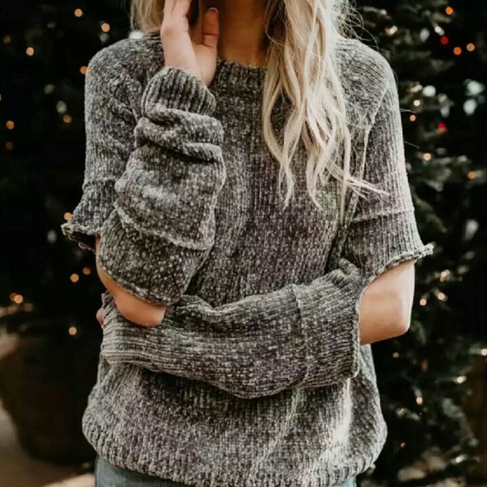 Open Elbow Super Soft Chenille Gray Womens Sweater